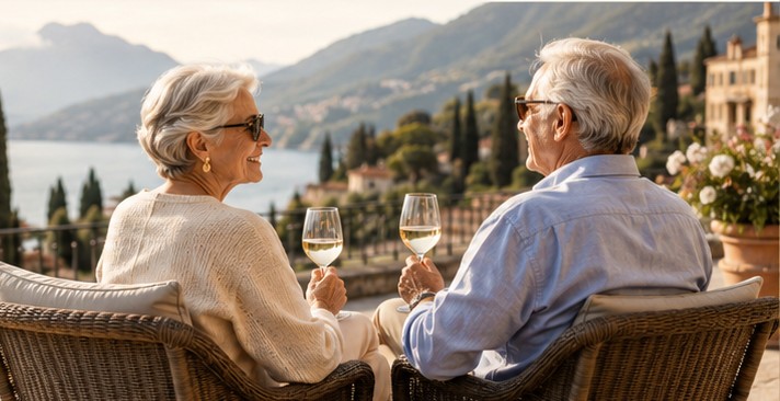 An older couple shares a glass of wine on a Mediterranean terrace overlooking the lake — illustrating the calm, companionable pace of TravelwithEve journeys